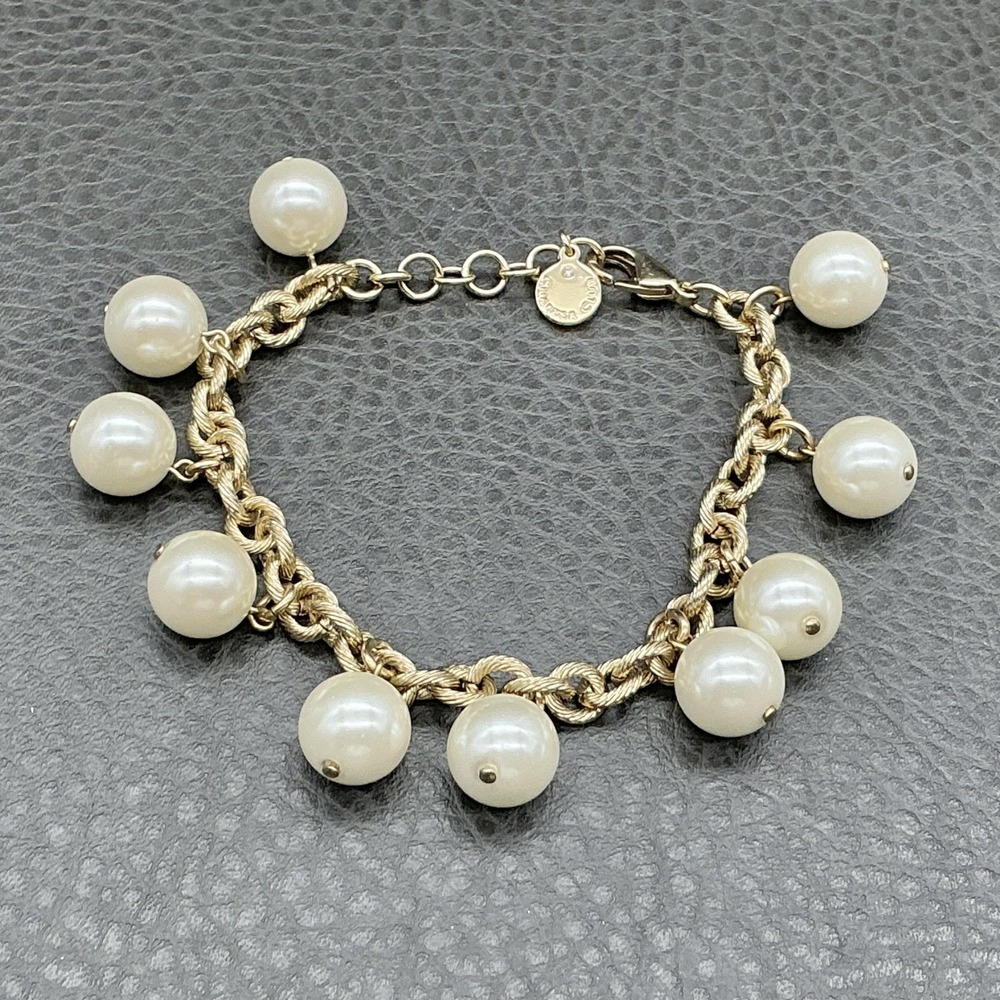 Charter Club Gold Tone Faux Pearl Dangle Charm Bracelet Adjustable Womens